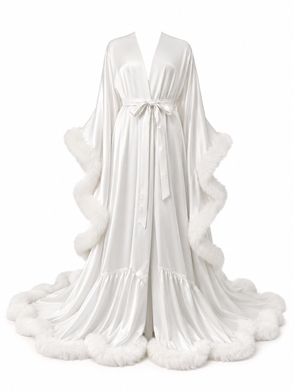 Ivory Feather Trim Satin Bridal Robe L-XL Wedding Getting Ready Boudoir